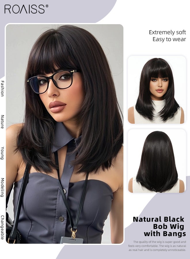 roaiss Natural Black Bob Straight Hair Wig with Bangs, Heat Resistant Synthetic Wig for Women, Suitable for Wedding Cosplay Party Daily Wear, Natural Looking, 35.6cm (14 inches) - Image 1